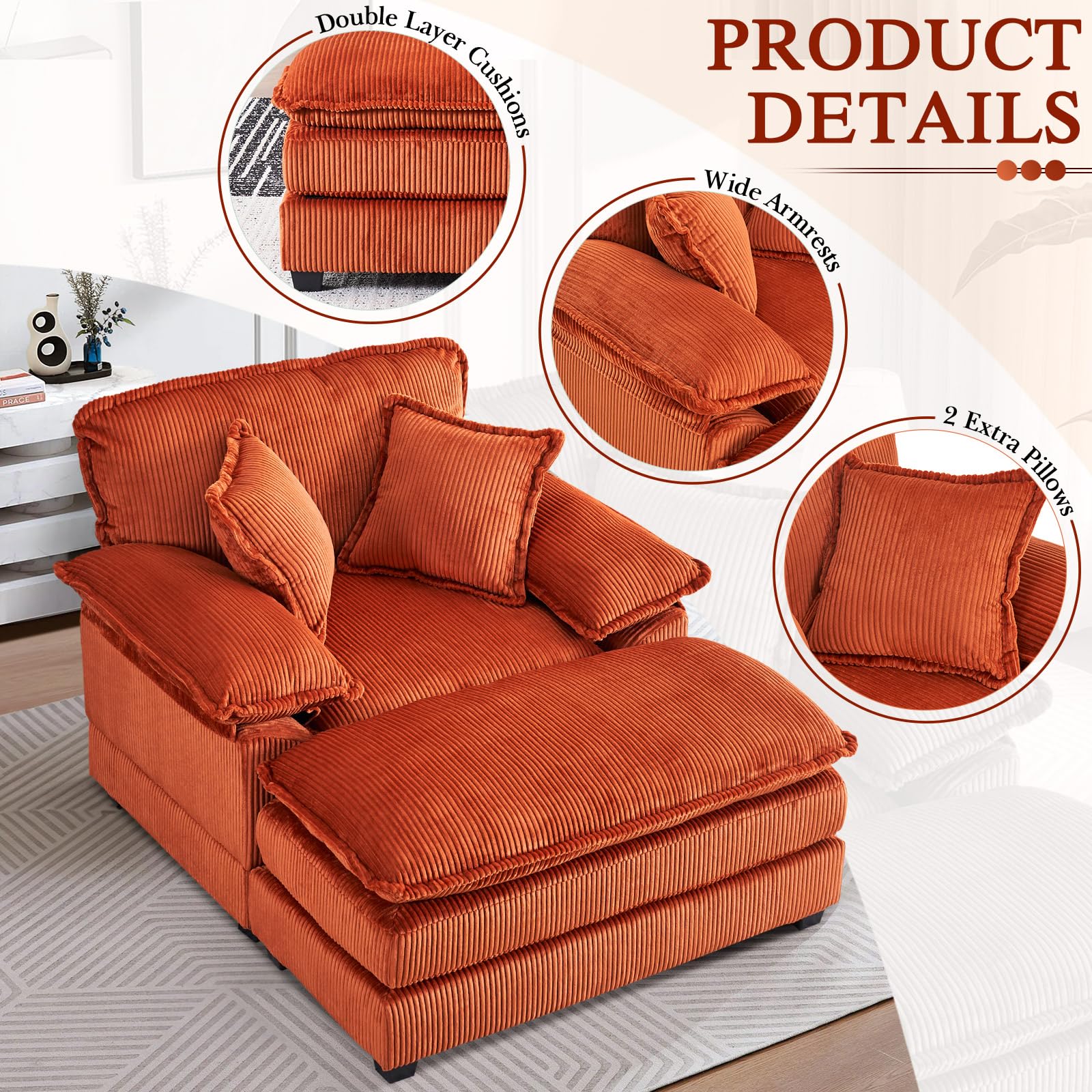 Oversized Chaise Lounge Chair Indoor with Ottoman,46.9"W Corduroy Upholstered Modern Single Sofa Reading Chair,Deep Seat Sectional Couch,Comfy Reclining Sleeper Chair for Living Room(1 Seater,Orange)