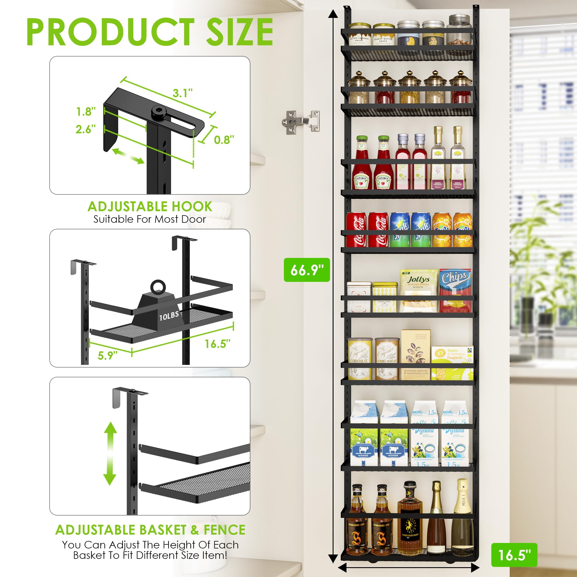 RUILALIFE Over-The-Door-Organizer Storage, Adjustabl Back of Door Organization for Bedroom Closet Bathroom, Wall Mount Spice Rack, Behind The Door Hanging Shelves (White)