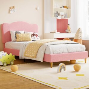 garveehome upholstered twin size bed frame for kids with scallop headboard, cute velvet twin bed for girls, boys, sturdy platform bed, no box spring needed, wooden slats, noise free, pink