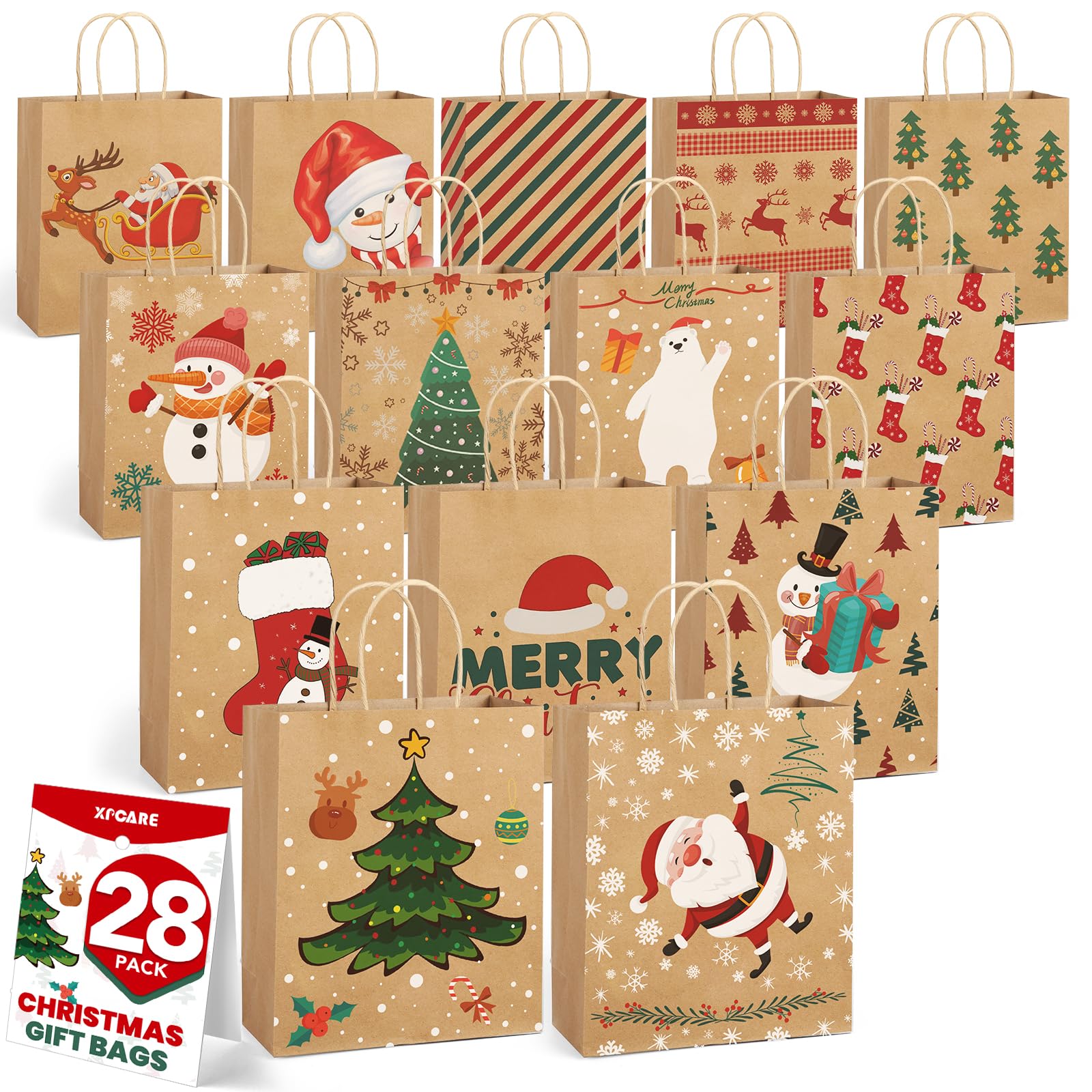 XPCARE 28 Pack Christmas Kraft Gift Bags with Handles, 9x7.5x3.5 Christmas Gift Bags, Christmas Goody Bags for Christmas Holidays Party Favors and Presents