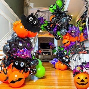 Halloween Balloons Decorations, Halloween Balloon Arch Kit with Pumpkin Bats Spider, Purple Orange and Black Eye BOO Balloons Halloween Balloon Garland for Halloween Party Supplies