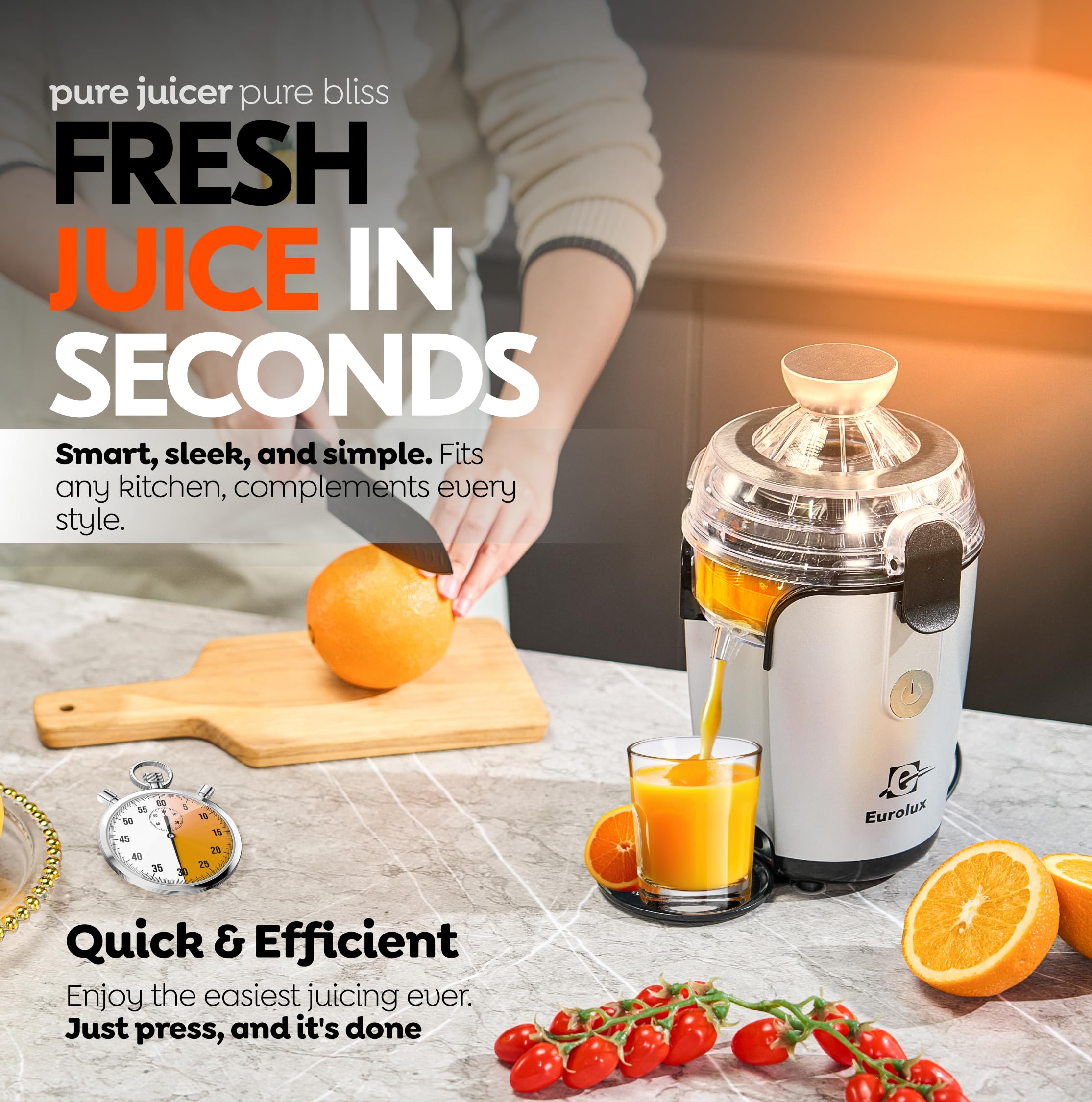 Eurolux Hands-Free Electric Citrus Juicer Machine, Orange Lime Grapefruit Lemon Squeezer, Easy to Clean.