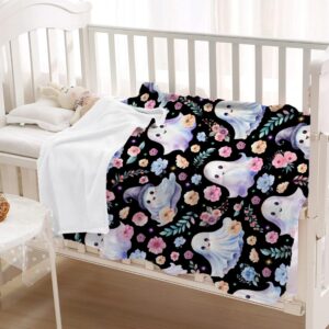 Cute Halloween Blanket for Girls Boys Black Ghost Flower Blanket for Women Men Soft Lightweight Throw Cozy Blankets for Bedding Couch Sofa Decor XS 30×40in for Leg/Pet