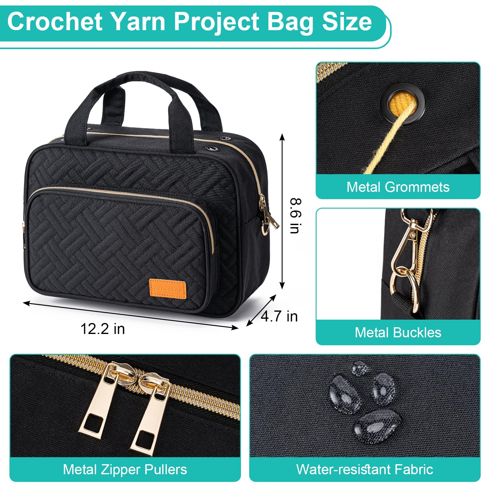 Mecozone Crochet Bag for Crochet Accessories, Yarn Bag Crocheting Yarn Project Bag for Womens & Girls On the Go, Crochet Gifts for Crocheters, Black