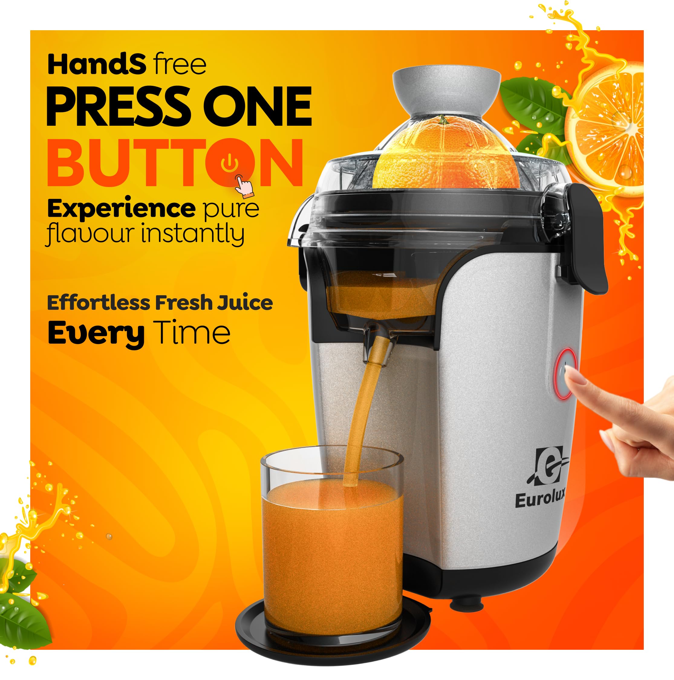 Eurolux Hands-Free Electric Citrus Juicer Machine, Orange Lime Grapefruit Lemon Squeezer, Easy to Clean.