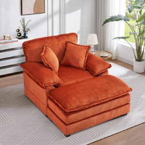 Oversized Chaise Lounge Chair Indoor with Ottoman,46.9"W Corduroy Upholstered Modern Single Sofa Reading Chair,Deep Seat Sectional Couch,Comfy Reclining Sleeper Chair for Living Room(1 Seater,Orange)