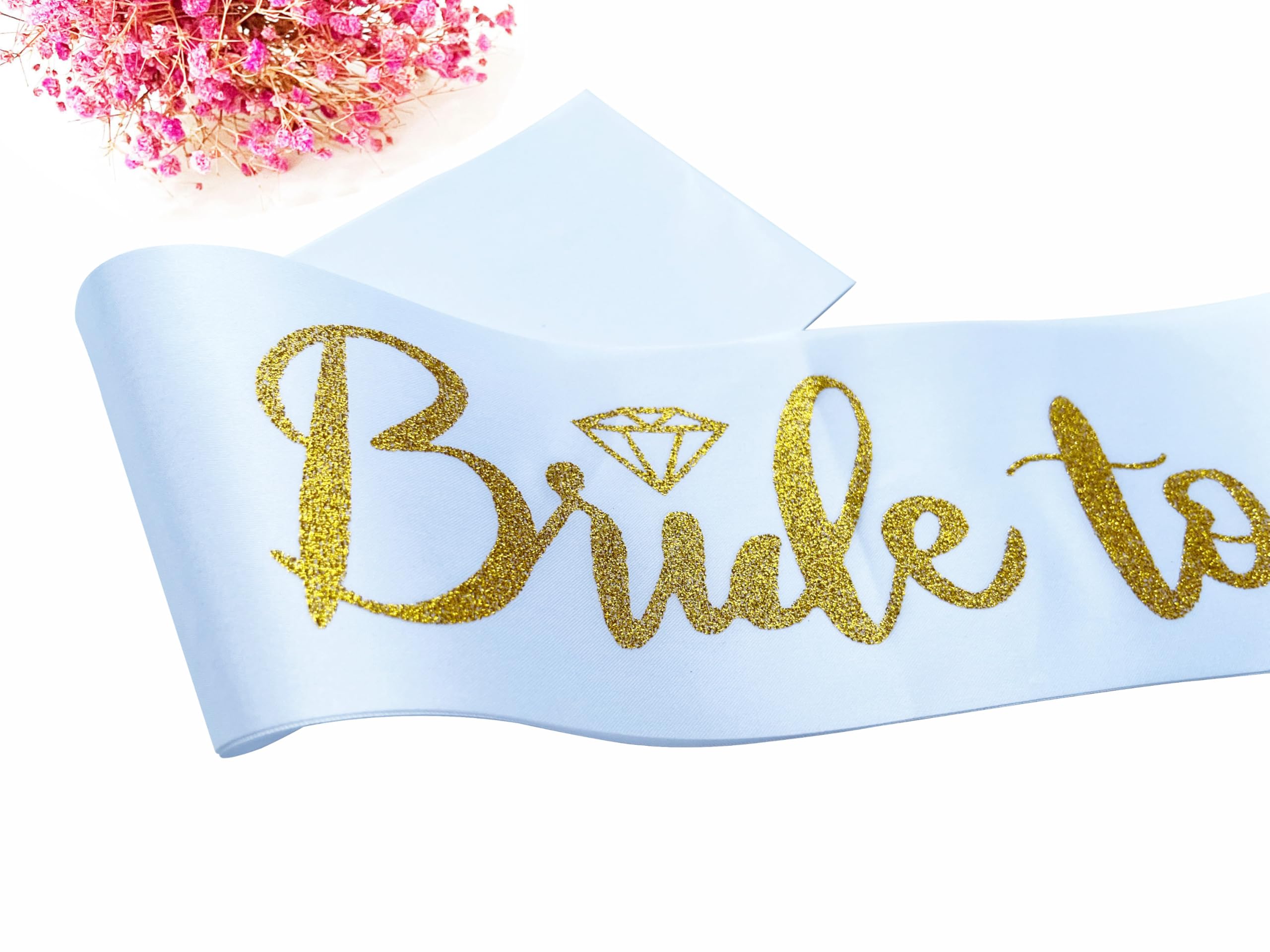 Ashaqshnglee Bride to Be Sash, Bachelorette Party Sash for Bridal Shower Wedding Party Favors Accessories Supplies Engagement Gifts,White Satin with Glitter Letter Gold