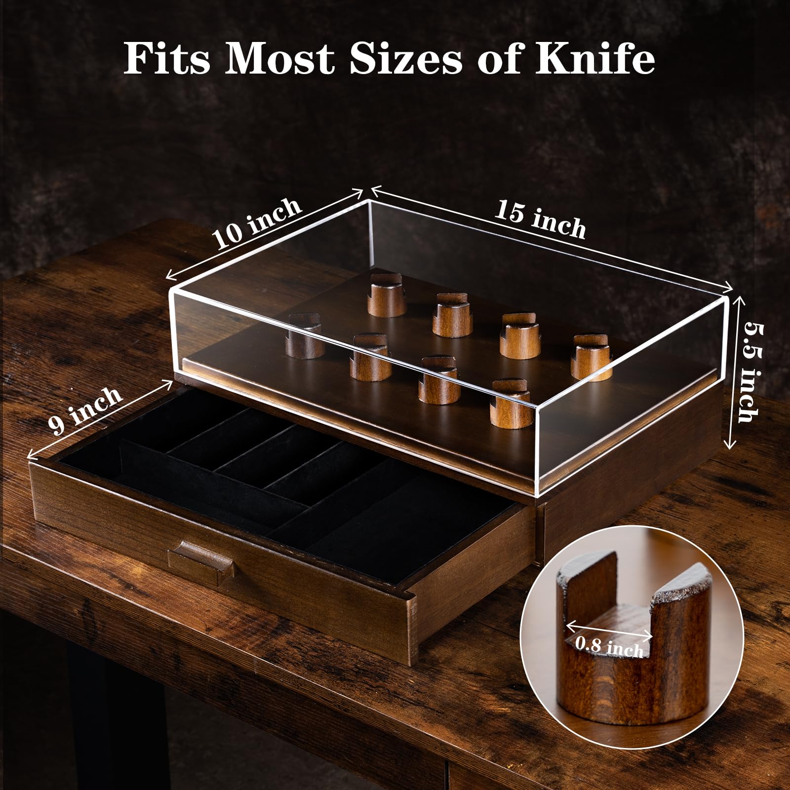 Pocket Knife Display Case, Premium Wooden Knife Collection Box with Drawer, Showcase Display Holder for 8 Pocket Folding Knives