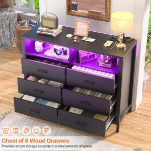 Hyomdeck Black Dresser for Bedroom, 6 Drawer Dresser with LED Lights and Power Outlet, Wood Dresser, Tall Chest of Drawer Storage Organizer, Dresser TV Stand for Living Room, Hallway, Entryway