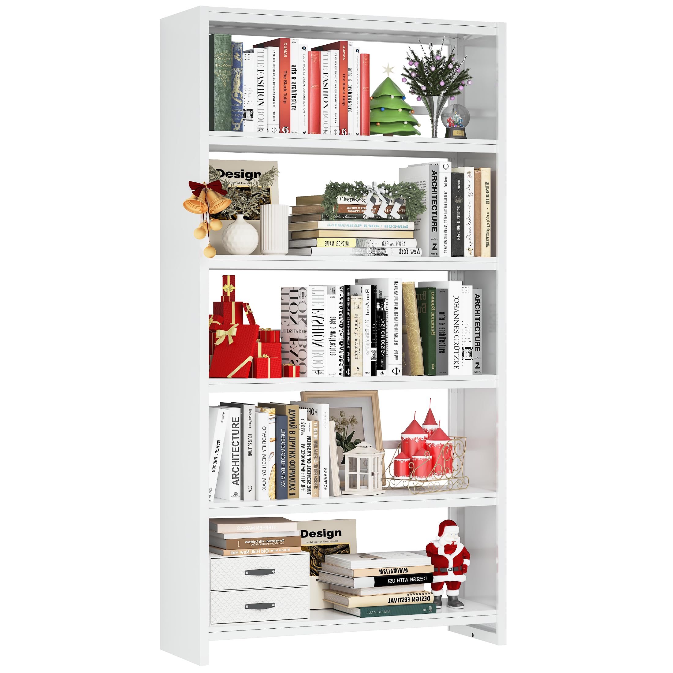 DUTYSEST 5 Tiers Metal White Bookshelf - 69.3" Tall Bookcase, Display Storage Shelves with Bookend, Heavy Duty Steel Bookshelves for Living Room, Office, Bedroom, Library