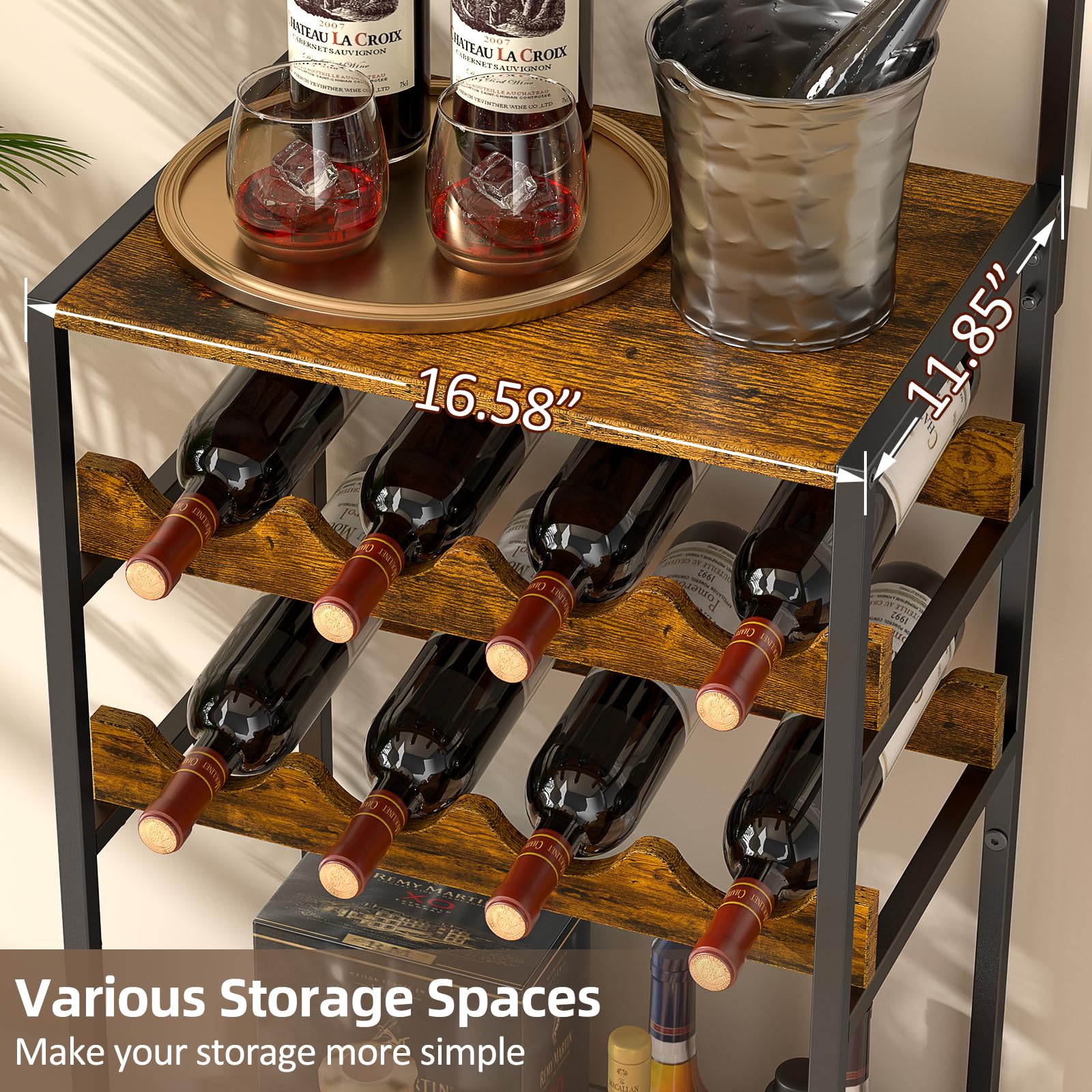 5-Tier Wine Rack Freestanding Floor, Liquor Bar Stand with Glasses Holder and 4 S Hooks, Corner Mini Bar Cabinet for Small Space, 8 Bottles Wine Bar Cabinet for Home, 11.81"D x 16.53"W x 53.55"H