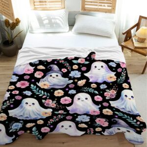 Cute Halloween Blanket for Girls Boys Black Ghost Flower Blanket for Women Men Soft Lightweight Throw Cozy Blankets for Bedding Couch Sofa Decor XS 30×40in for Leg/Pet