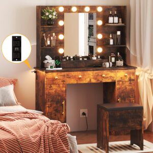 huanlego vanity desk with mirror and lights,brown makeup vanity with charging station & vanity stool, 3 drawers and cabinets white vanity mirror with rgb led lights vanity desk and chair for women