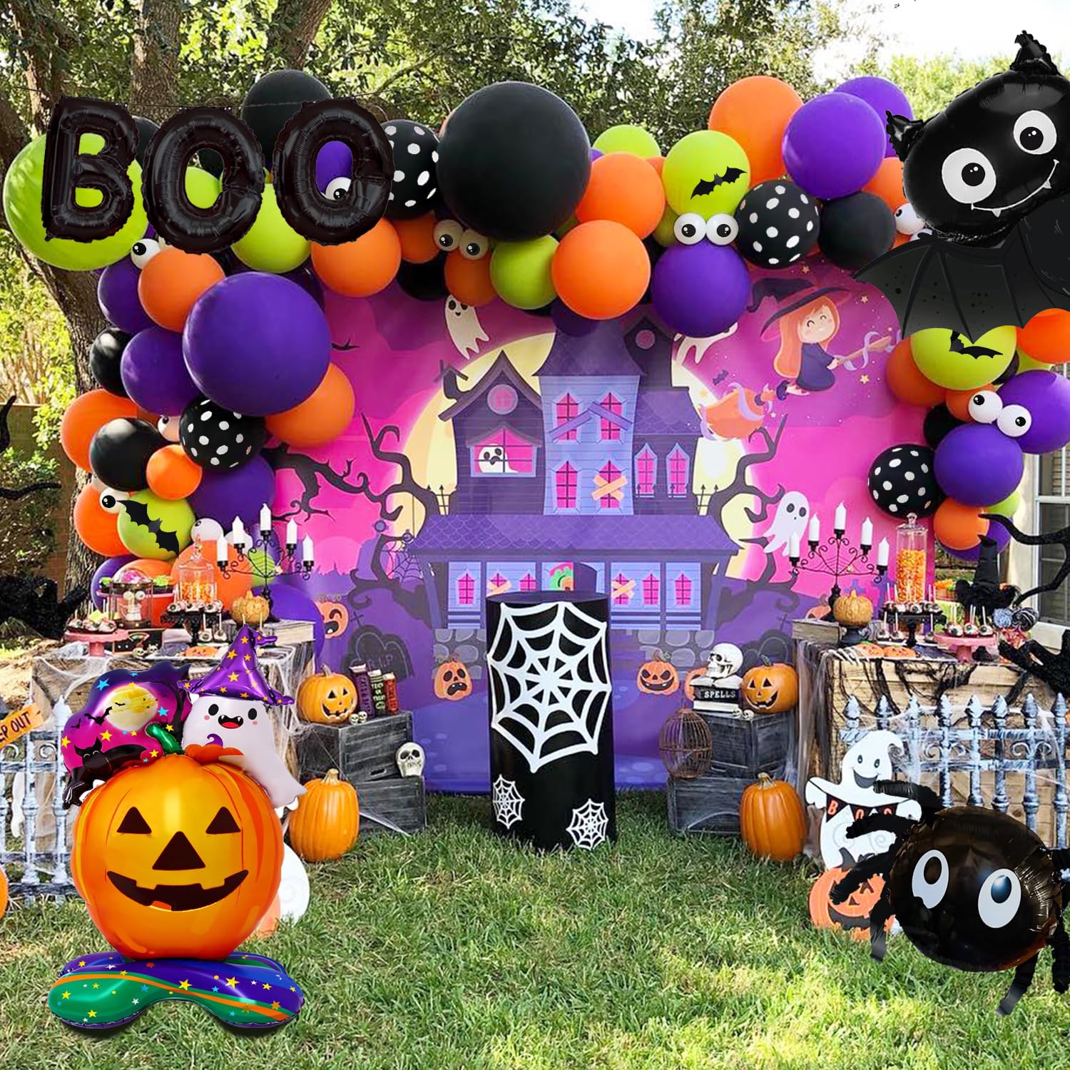 Halloween Balloons Decorations, Halloween Balloon Arch Kit with Pumpkin Bats Spider, Purple Orange and Black Eye BOO Balloons Halloween Balloon Garland for Halloween Party Supplies