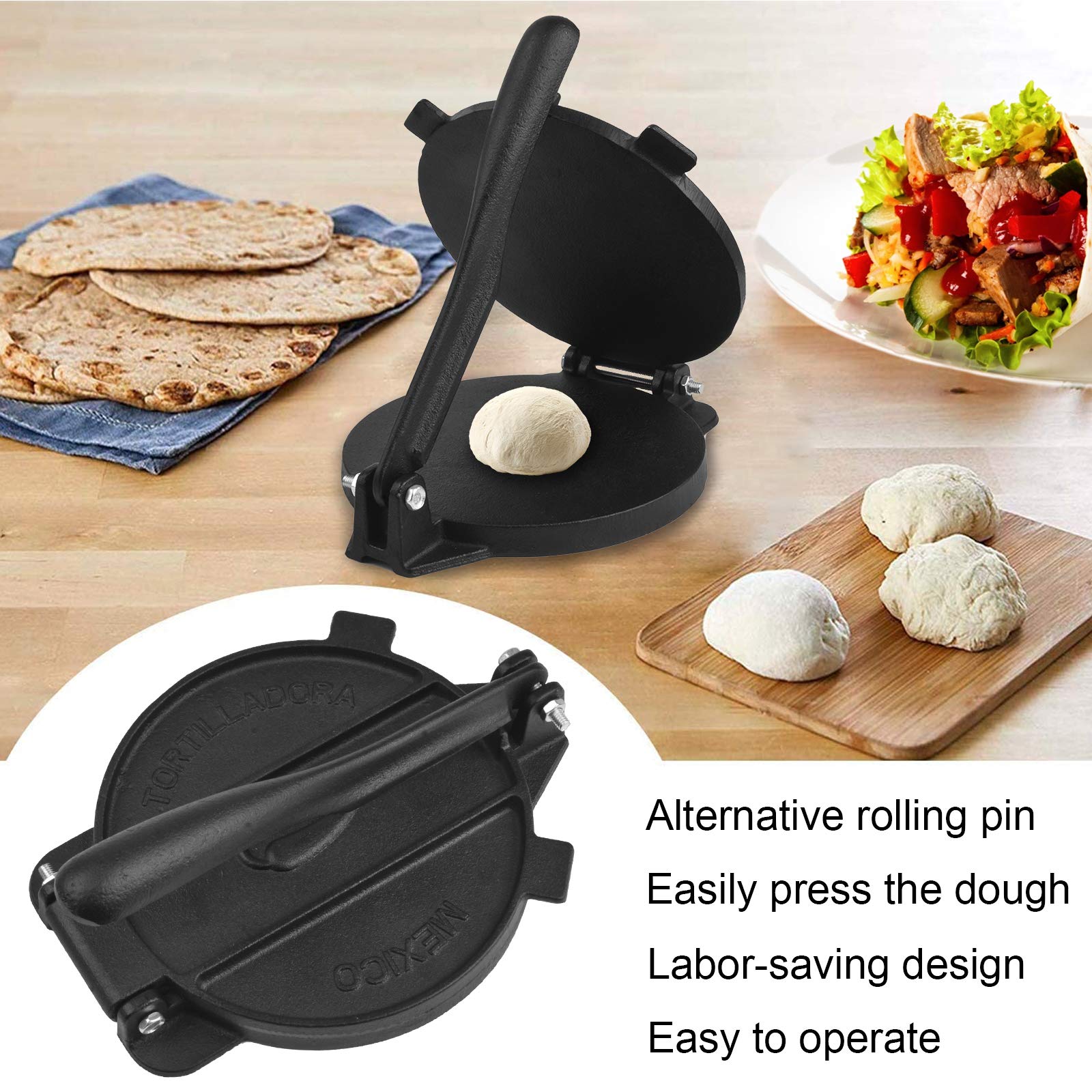 Cast Iron Tortilla Press Roti Maker - 6.5 inch Heavy Duty Tortillera Pataconera, Flour Tortilla Press, Taco Maker, Taco Press for make Indian style Chapati, Flour Tortilla, Roti, Black Gray