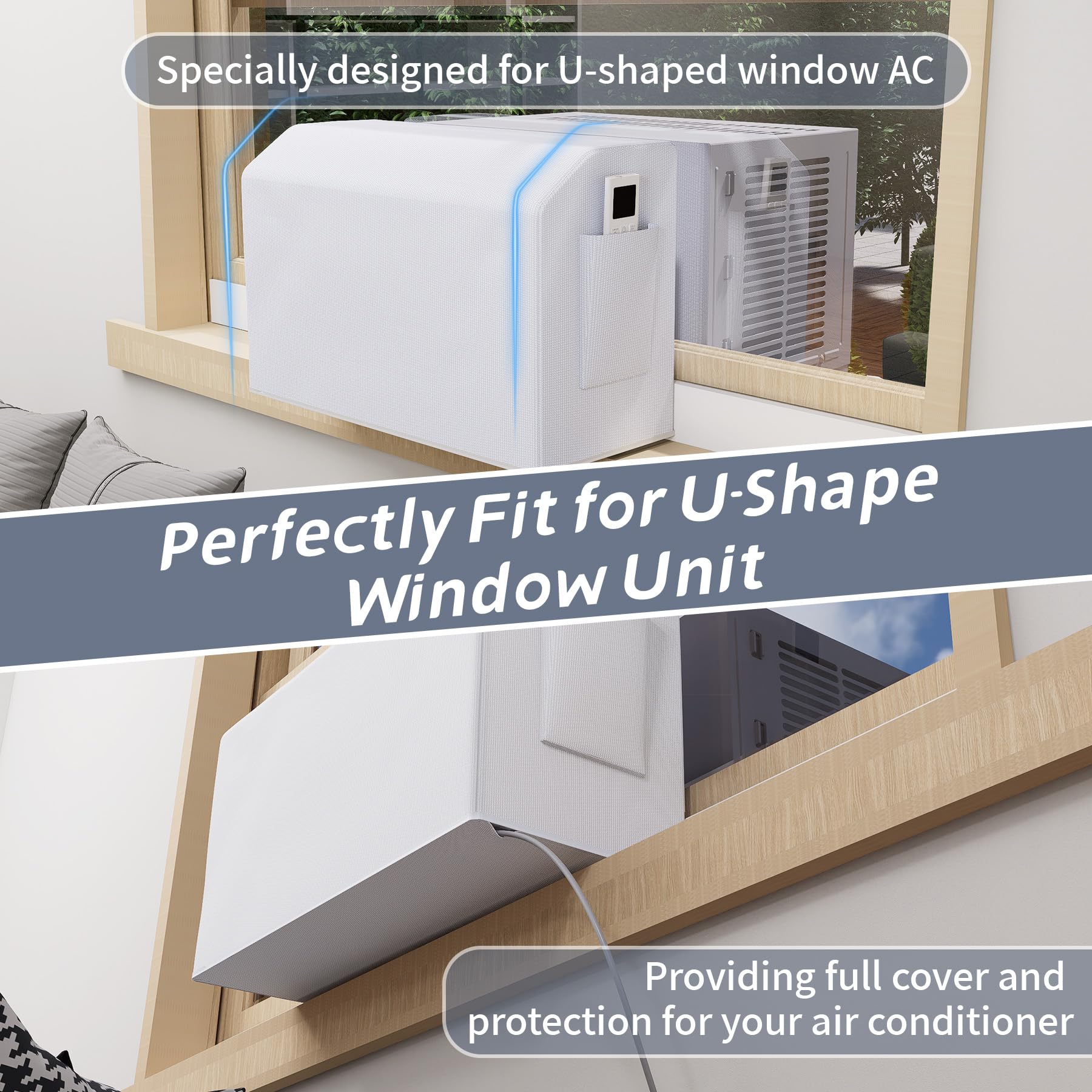 Flamorrow U-Shaped Window Air Conditioner Indoor Cover with Storage Bag, Indoor Full Cover for U-Shaped Window AC Unit, Windproof Design Protective Indoor Cover for Indoor AC Unit, Block Draft & Dust