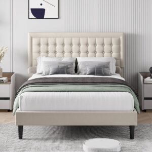 keyluv full size bed frame with button tufted headboard, modern fabric upholstered platform bed frame, strong wooden slats support, no box spring needed, beige