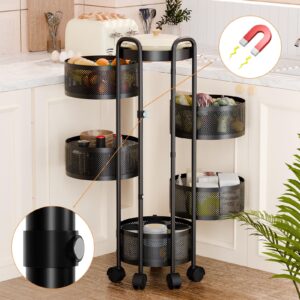 Kitchen Storage Rack 5-Tier Circular Rotating Basket,Vegetable Rack Rotating Kitchen Storage Rack with 360 Degree Wheels,Fruit Basket Floor Stand Shelf Fruit Tower for Kitchen Black