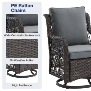 GAOMON 3 Pieces Outdoor Swivel Rocker Chair Set of 2 with Glass Top Table, Outdoor Swivel Glider Rocker, Wicker Swivel Chair Set for Patio Porch Pool (Dark Brown Wicker/Gray Cushion)