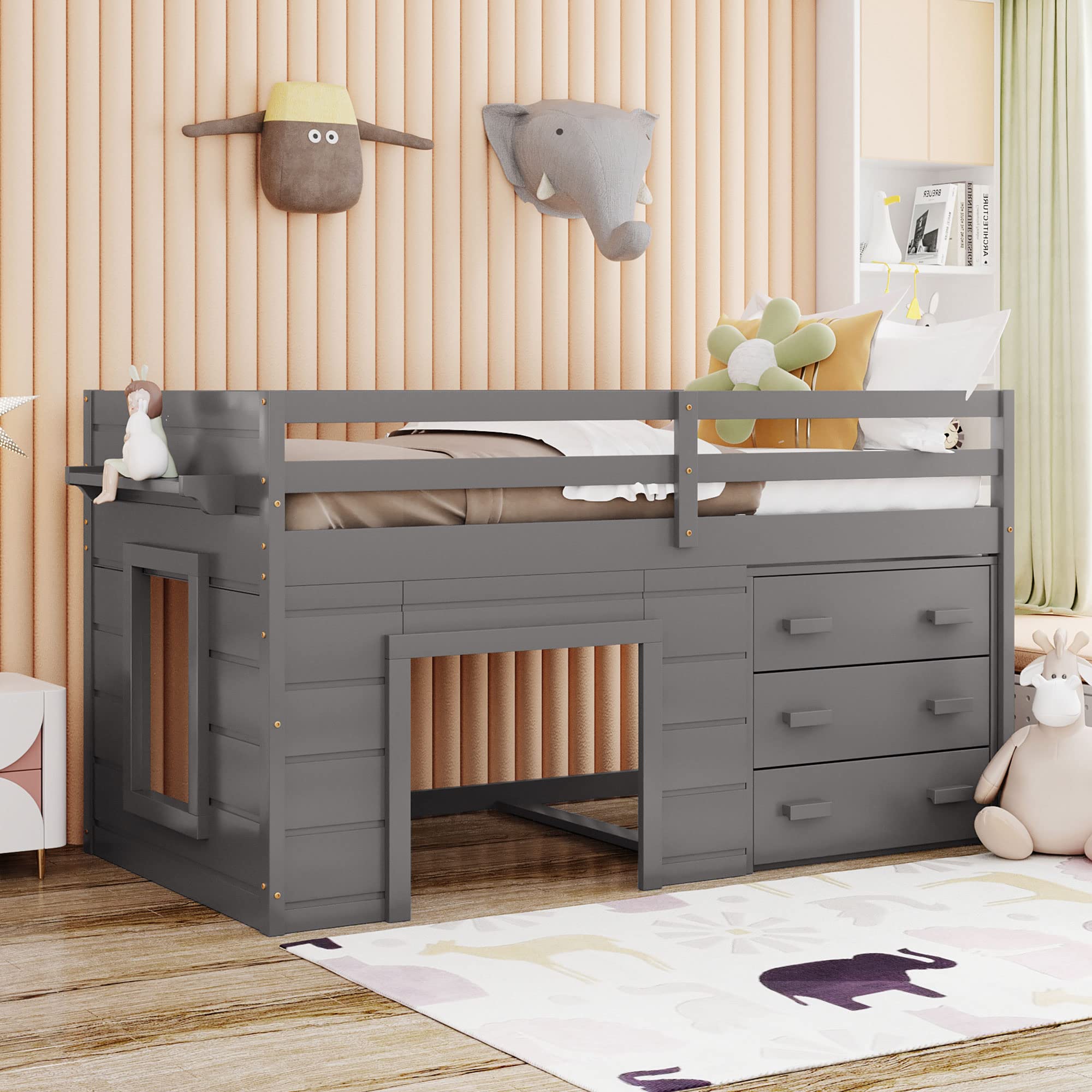 Harper & Bright Designs Low Twin Loft Beds with Storage Drawers, Wooden Twin Loft Bed with Cabinet & Bedside Tray, Kids Twin Loft Bed for Girls & Boys (Twin, Grey)