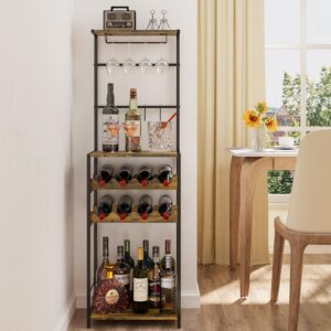 5-Tier Wine Rack Freestanding Floor, Liquor Bar Stand with Glasses Holder and 4 S Hooks, Corner Mini Bar Cabinet for Small Space, 8 Bottles Wine Bar Cabinet for Home, 11.81"D x 16.53"W x 53.55"H