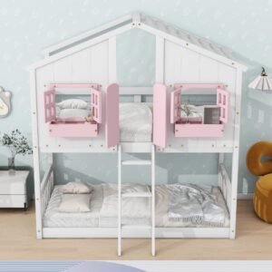 VilroCaz Twin Over Twin House Bunk Bed with Windows, Doors and Boxs, Wood House Roof Floor Bunk Bed Frame with Safety Guardrails and Ladder for Teens Kids Boys Girls (Pink/White 22)