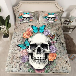 feelyou skull fitted sheet full size flower bedding set for boys girls teens butterfly bed sheet set grey bed cover room decor