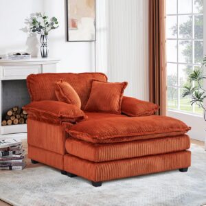 oversized chaise lounge chair indoor with ottoman,46.9"w corduroy upholstered modern single sofa reading chair,deep seat sectional couch,comfy reclining sleeper chair for living room(1 seater,orange)