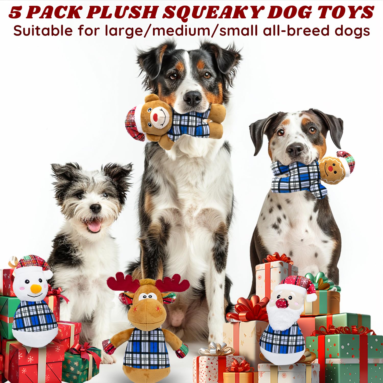 CneeeeeB 5pack Christmas Stuffed Plush Dog Interactive Dog Chew Toys for Small & Medium Dogs Durable Cute Animal Shape Squeaky for Puppy