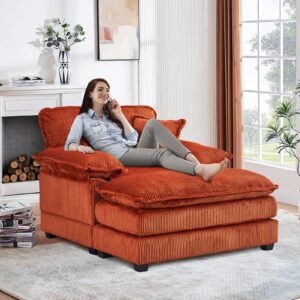 Oversized Chaise Lounge Chair Indoor with Ottoman,46.9"W Corduroy Upholstered Modern Single Sofa Reading Chair,Deep Seat Sectional Couch,Comfy Reclining Sleeper Chair for Living Room(1 Seater,Orange)