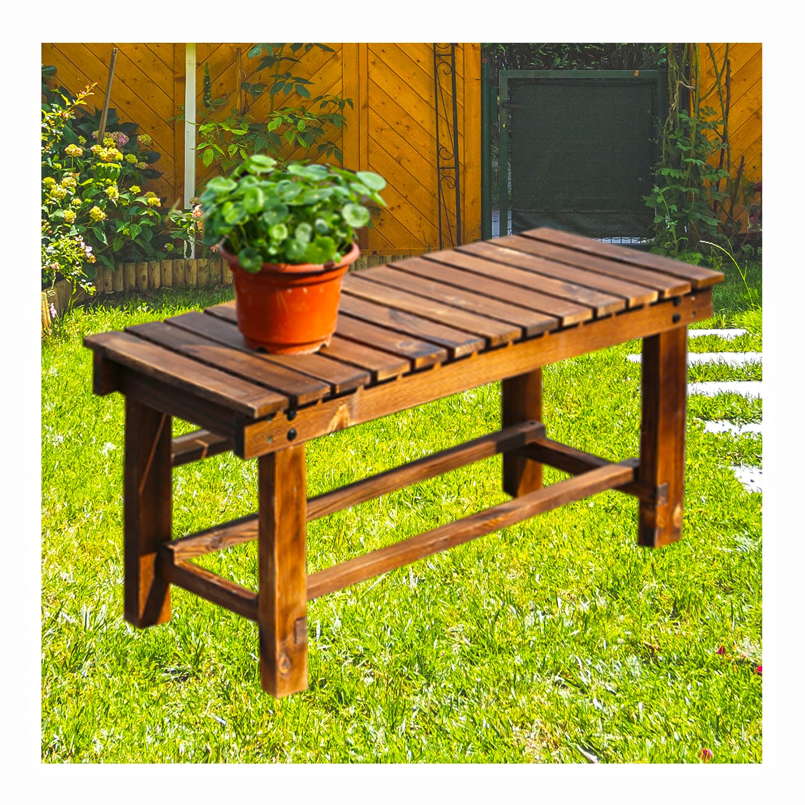 CDDUOLA Outdoor Wooden Bench, Two-Person Wood Backless Bench, Multifunctional Slat Bench for Porch Bedside Patio Courtyard (35x14x15.5in)