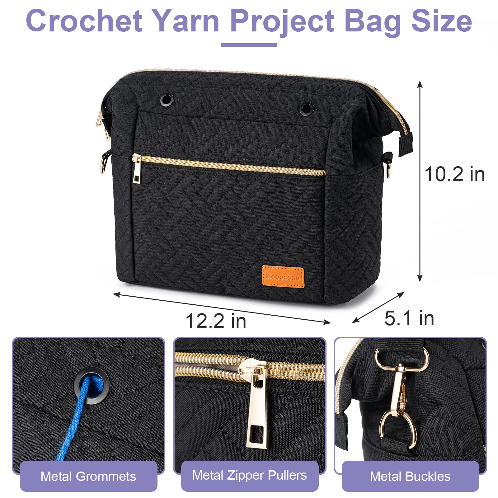 Mecozone Yarn Bag for Crochet Accessories, Knitting Bag Crochet Yarn Project Bag for Womens & Girls On the Go, Crochet Gifts for Crochet Lovers, Black