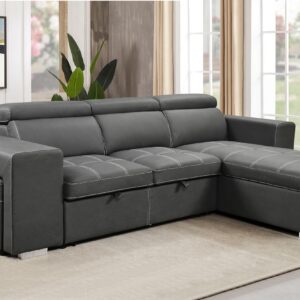 RENDGO 103'' Microfiber Sectional Sleeper Sofa Pull Out Bed with Ottoman Storage Chaise, L Shaped Sectional Couch with Adjustable Headrest and Stools for Living Room Furniture Set, Grey