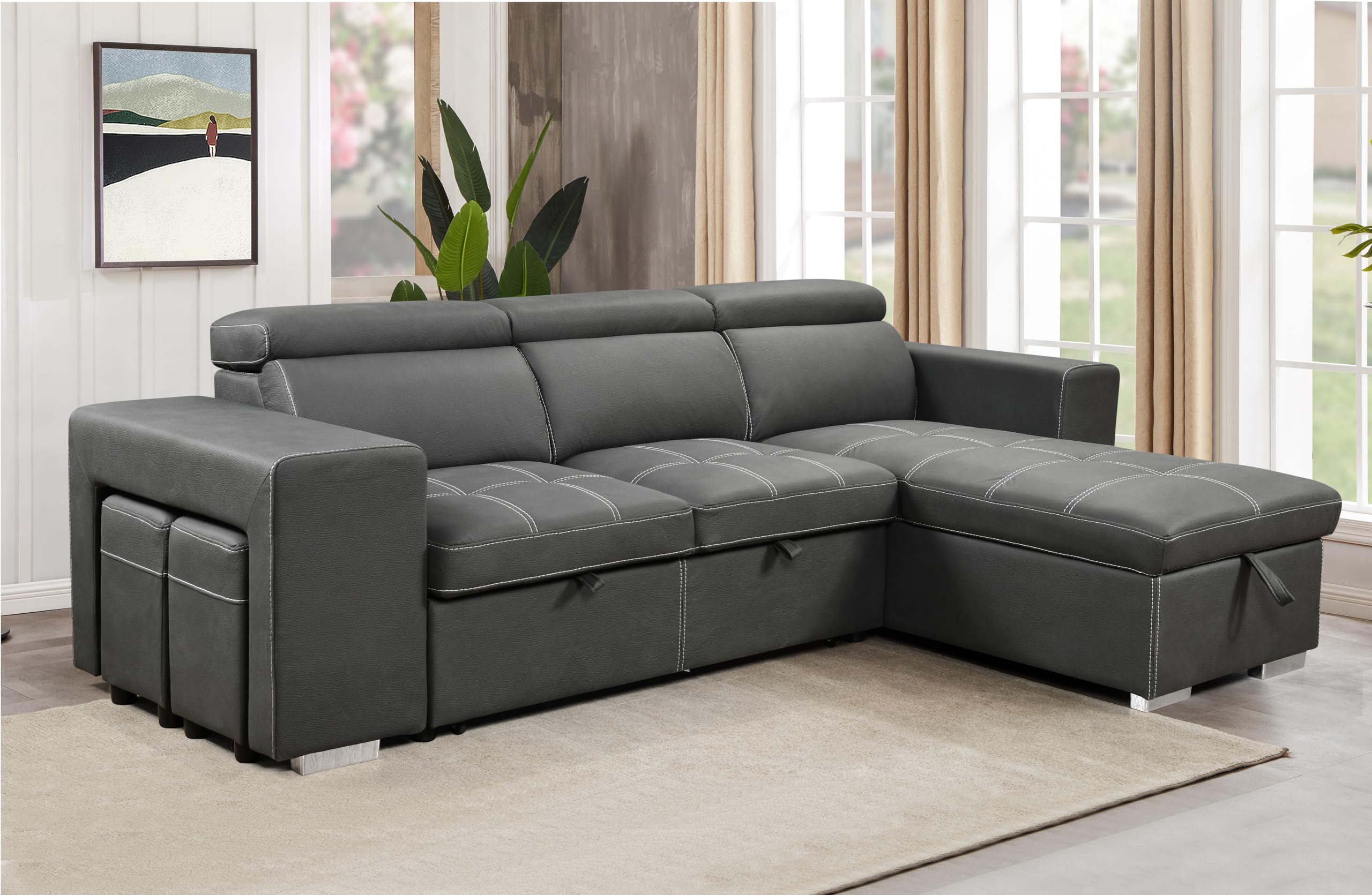 RENDGO 103'' Microfiber Sectional Sleeper Sofa Pull Out Bed with Ottoman Storage Chaise, L Shaped Sectional Couch with Adjustable Headrest and Stools for Living Room Furniture Set, Grey