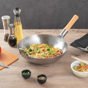 Restaurantware-Motomori 13.38 Inch Hand-Hammered Carbon Steel Wok, 10 Traditional Japanese Wok - Flat Bottom, Wooden Handle, Black Carbon Steel Traditional Stir Fry Pan, With Helper Handle