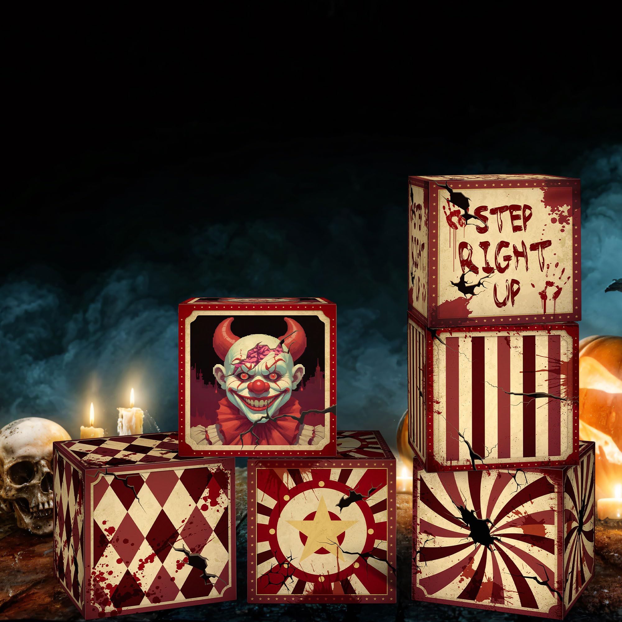 Sawowkuya 6 Pcs Halloween Creepy Carnival Decorations,Circus Clown Party Decoration Boxes for Carnival Circus Theme Horror Haunted House Party