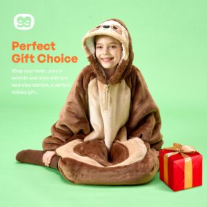 Giggling Getup Sloth Wearable Blanket Hoodie - Oversized Soft Sherpa Fleece Hooded Blanket - Warm Cozy Plush Flannel Blanket Sweatshirt Gifts - with Giant Pocket and Sleeves for Kids Girls Boys