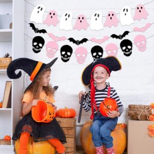 Pink Halloween Decorations, Pink and Black Halloween Decorations includes Happy Halloween Pink Ghost Garland Pink Bat Skeleton, Pastel Halloween Decorations for Girly Halloween Decor