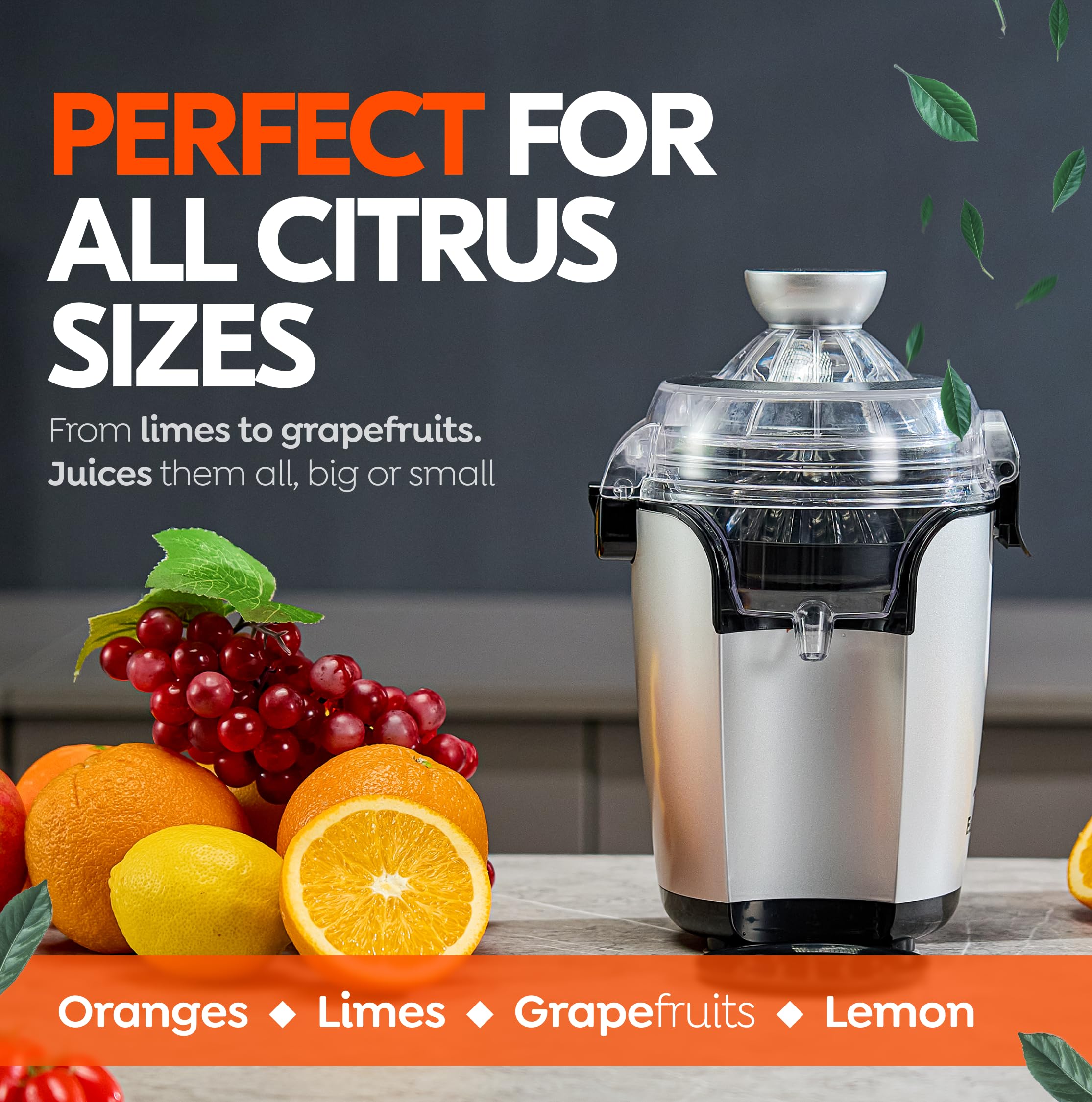 Eurolux Hands-Free Electric Citrus Juicer Machine, Orange Lime Grapefruit Lemon Squeezer, Easy to Clean.