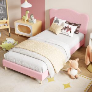 GarveeHome Upholstered Twin Size Bed Frame for Kids with Scallop Headboard, Cute Velvet Twin Bed for Girls, Boys, Sturdy Platform Bed, No Box Spring Needed, Wooden Slats, Noise Free, Pink