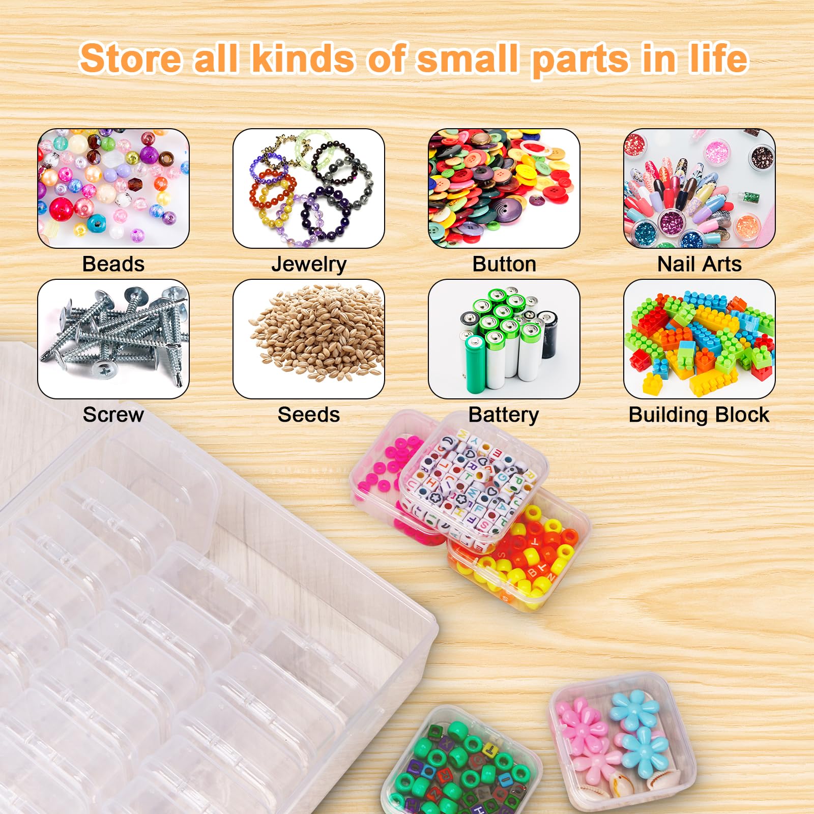 Xenophoer 31pcs Bead Organizers and Storage, Small Bead Organizer Box Plastic Mini Clear Bead Storage Containers Case with Ractangle Hinged Lid for Jewelry Craft Diy Nail Diamond Bracelet Making