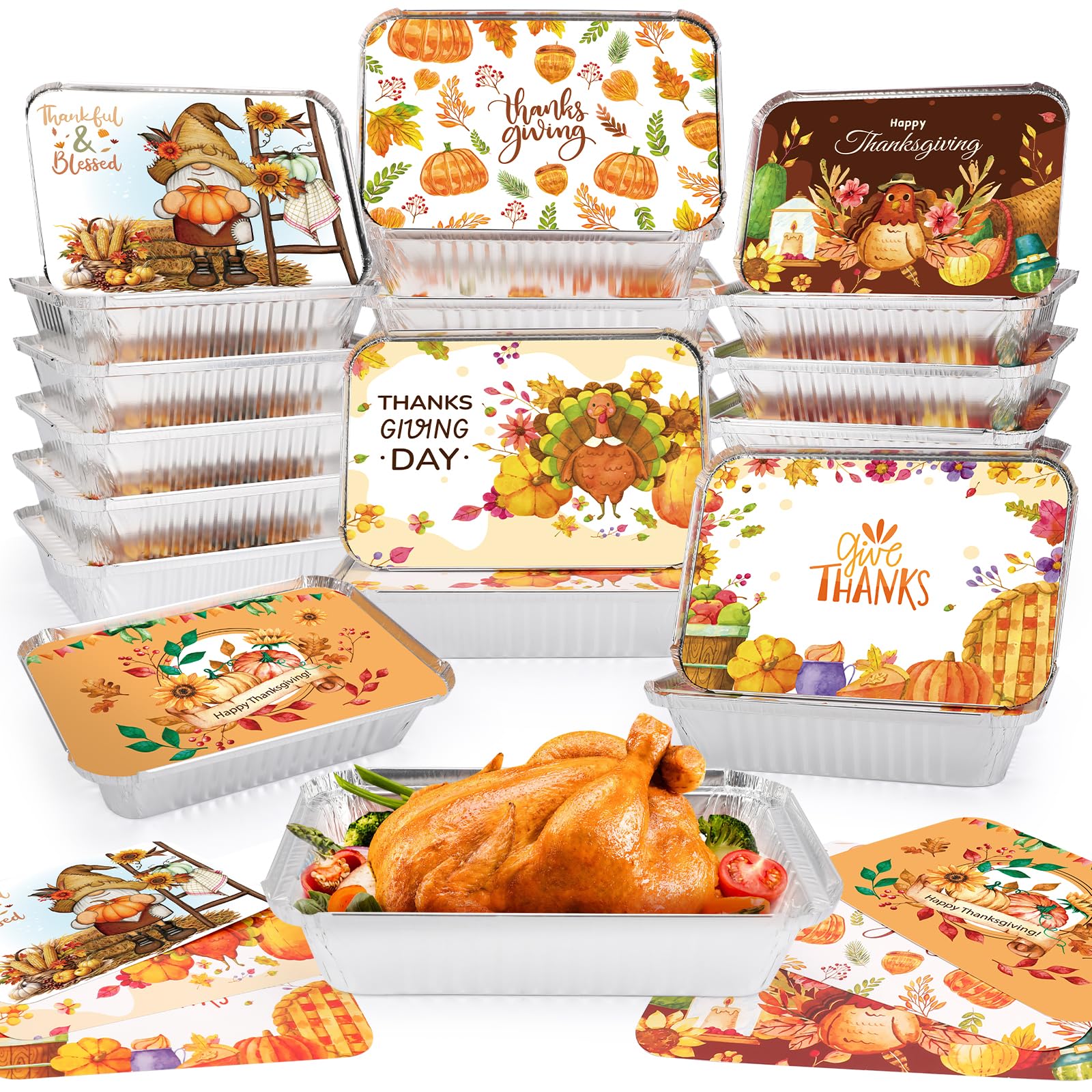 36 Pcs Thanksgiving Foil Containers with Lid Covers, Fall Autumn Harvest Theme Disposable Aluminum Foil, Baking Pan Cake Pan Food Foil Pans for Thanksgiving Party Supplies Fall Leftovers & To-Go Meals