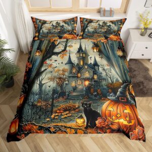 manfei halloween duvet cover set king size, floral pumpkin black print bedding set for kids boys girls room decor, black castle comforter cover, soft polyester quilt cover,2 pillowcases,no comforter