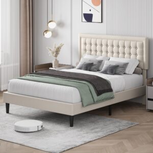 Keyluv Full Size Bed Frame with Button Tufted Headboard, Modern Fabric Upholstered Platform Bed Frame, Strong Wooden Slats Support, No Box Spring Needed, Beige