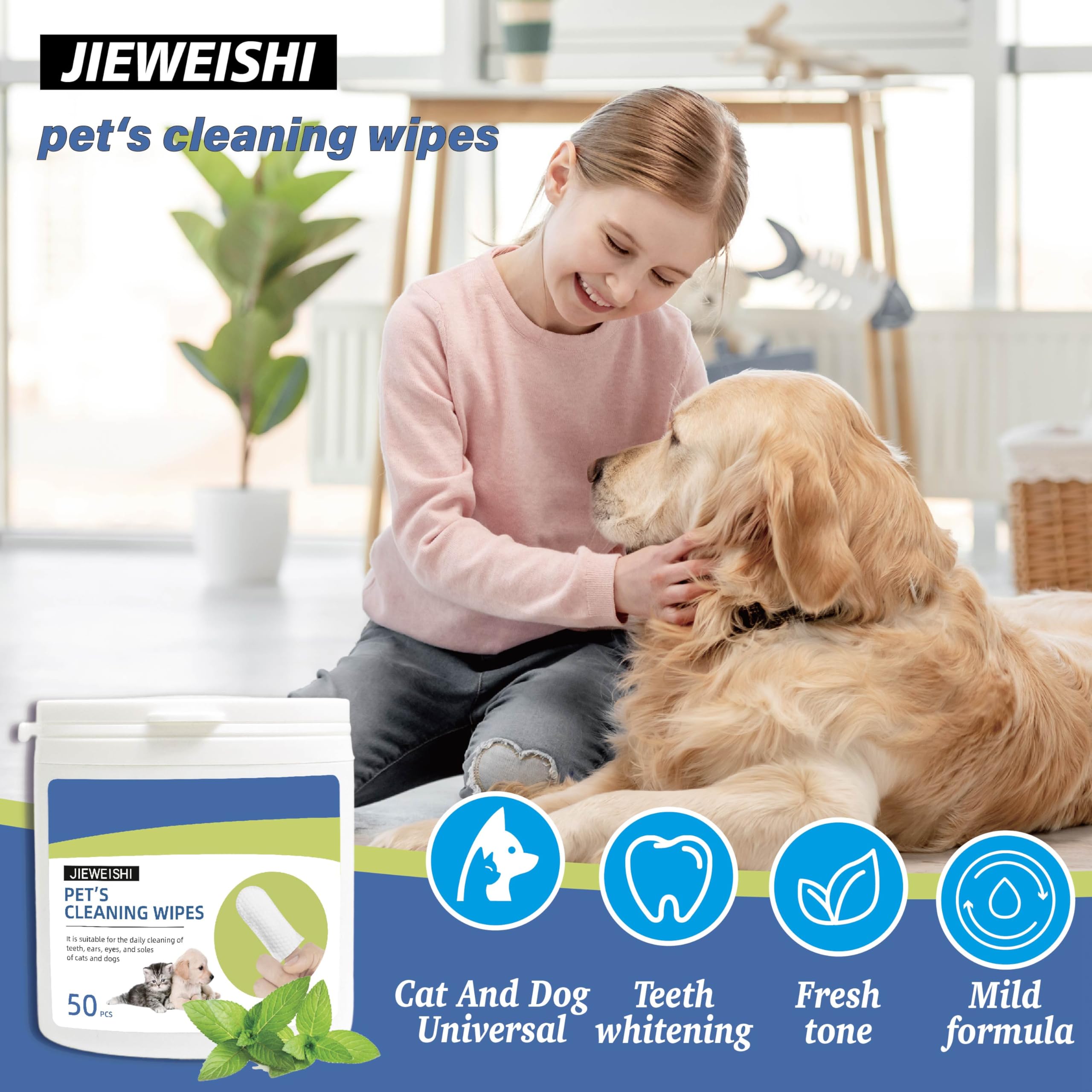 JIEWEISHI PET Teeth Cleaning Wipes for Dogs & Cats, Reduces Plaque & Freshens Breath, No-Rinse Dog Finger Toothbrush, Disposable Gentle Cleaning & Gum Care Pet Wipes, 50 Counts