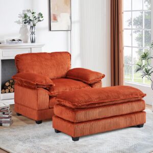 Oversized Chaise Lounge Chair Indoor with Ottoman,46.9"W Corduroy Upholstered Modern Single Sofa Reading Chair,Deep Seat Sectional Couch,Comfy Reclining Sleeper Chair for Living Room(1 Seater,Orange)