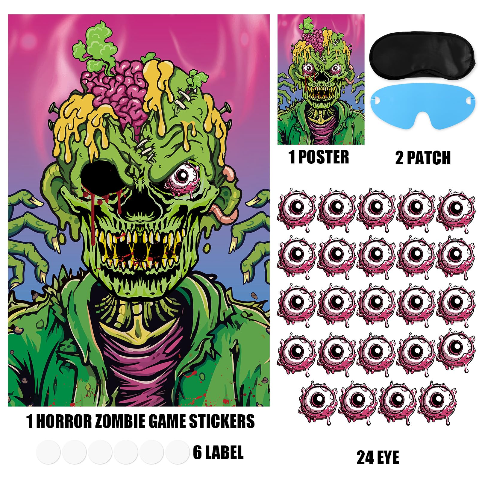 Hxezoc Pin The Eyeball On The Zombie Game with 24 Pcs Eyeballs Stickers, Halloween Pin The Tail Scary Zombie Party Games for Kids Halloween Party Birthday Party Supplies