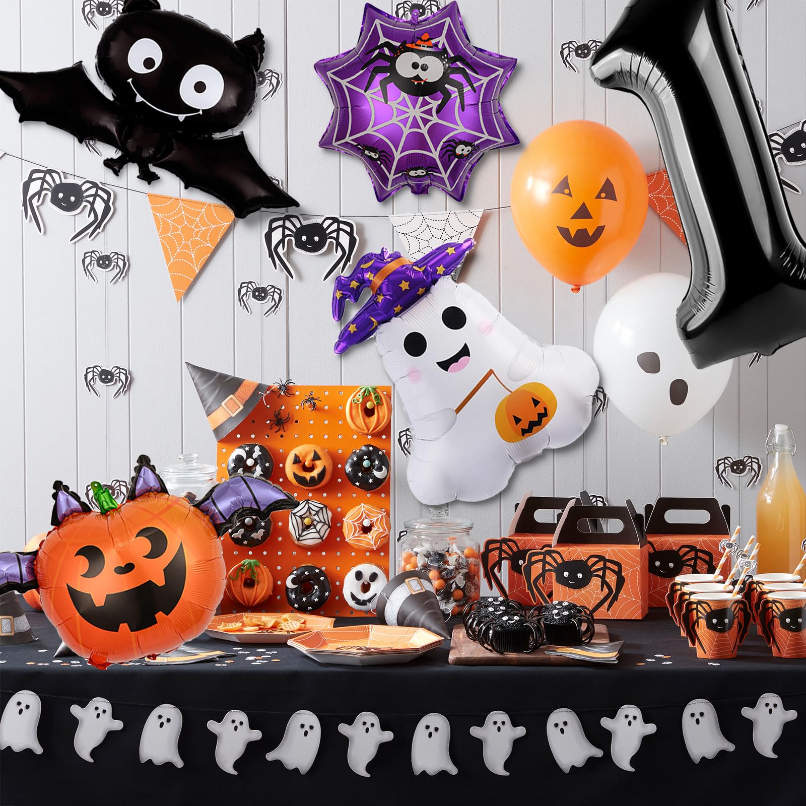 First Halloween for Kids Decoration First Birthday Party Supplies 40 Inch Black One Balloon Ghosts Pumpkins Spider Webs Bats Party Decorations 1st Birthday Party Decorations Backdrops for Boys Girls