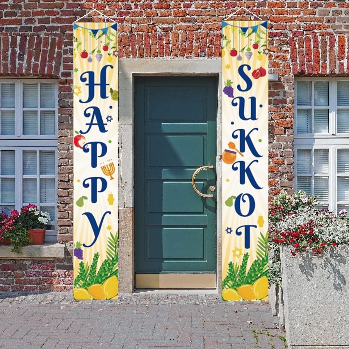 LOONELO Happy Sukkot Porch Banner with 70.9" X 11.8", Etrog Lulav Jewish Holiday Hanging Porch Sign, Sukkah Jewish Hebrewh Party Decorations Supplies for Jewish Holiday Sukkot Celebration Festival