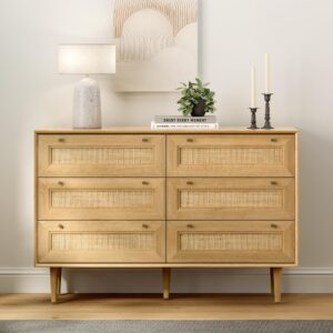 eyythung rattan 6 drawer dresser, modern closet dressers of drawers with natural rattan, boho dresser chest, tv stand of drawers, wood storage drawer organizer for bedroom living room entryway hallway